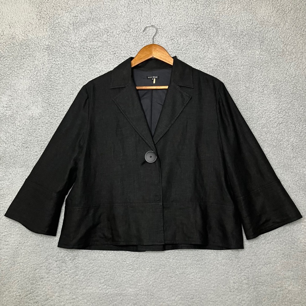 VTG 600 West Linen Blazer Jacket Women M Black Boxy Artsy Coastal Quiet Luxury